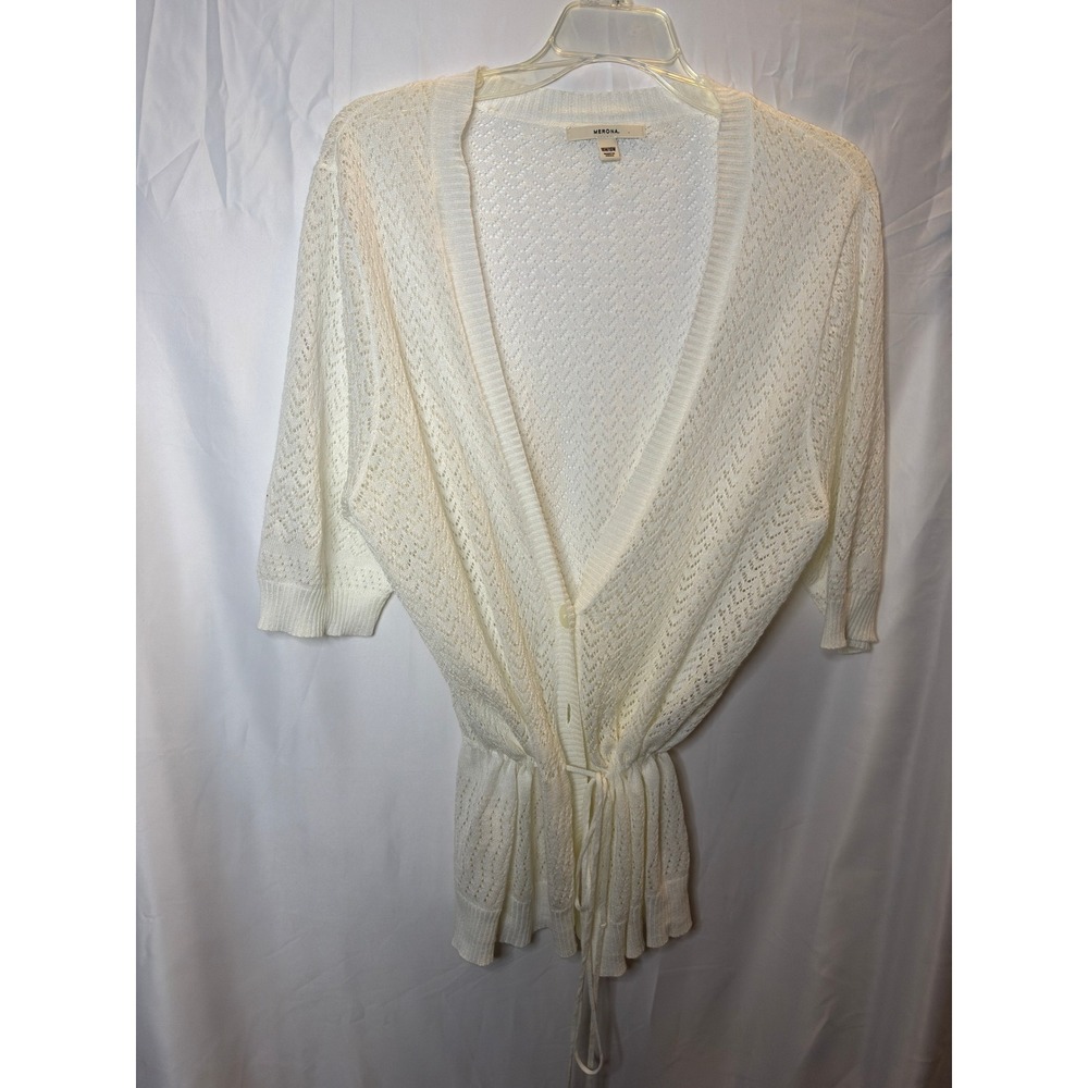 Merona White Pointelle Knit Cardigan Drawstring Waist Button Front Size 16W/18W